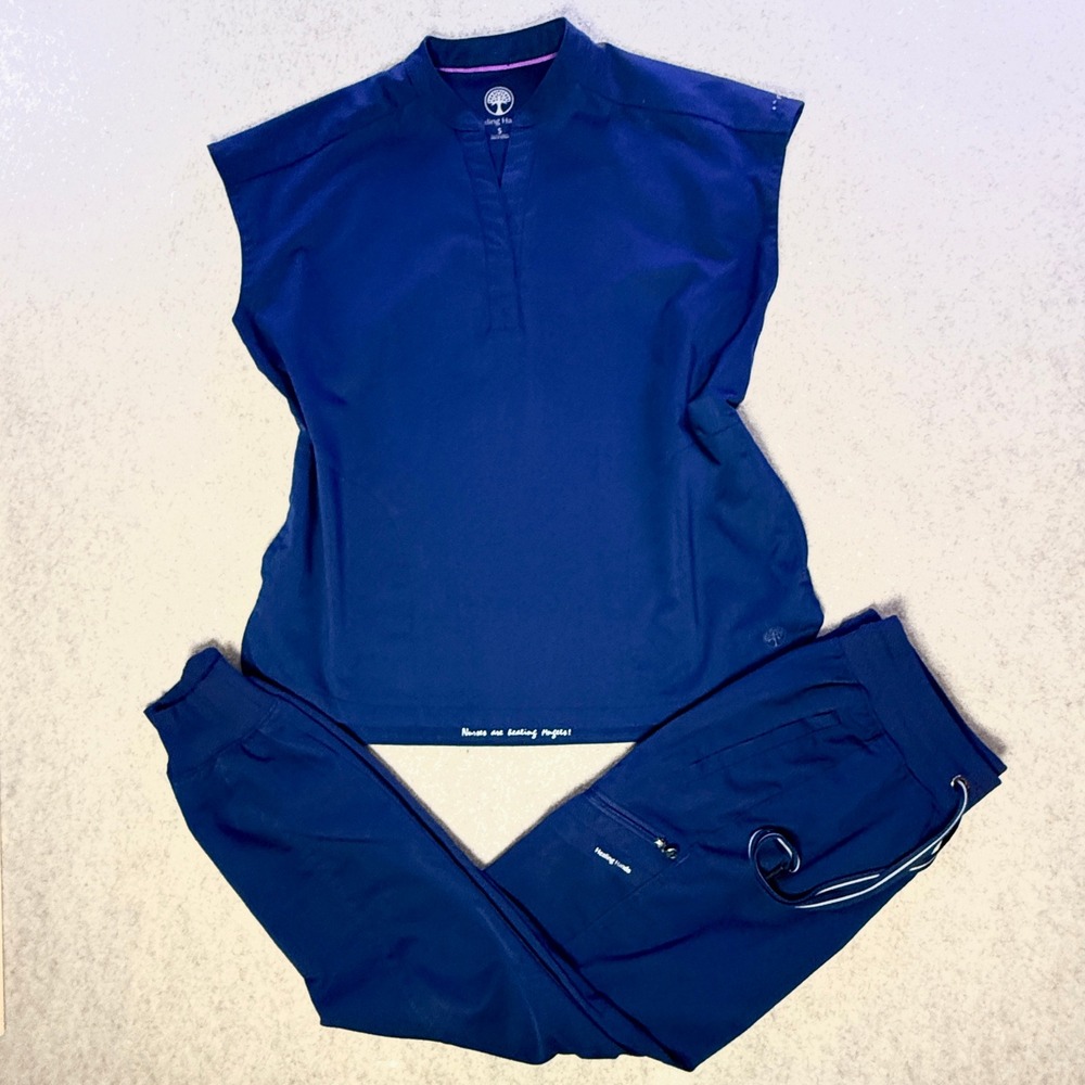 Healing Hands Navy Blue Scrub Set Split Neck Top S Jogger Pants XS Medical Wear